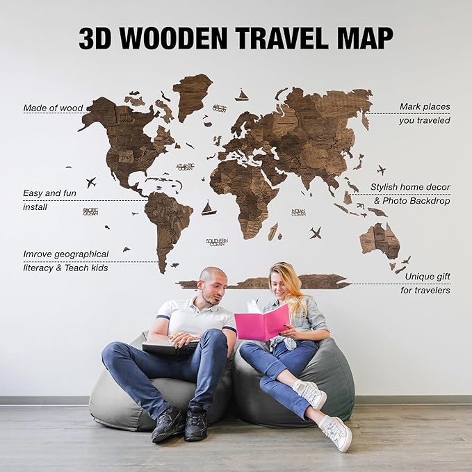 Handmade 3D Wood World Map Wall Art Large Wall Decor Track Your World Travels - Special for Home Kitchen and Office (X-Large Walnut)