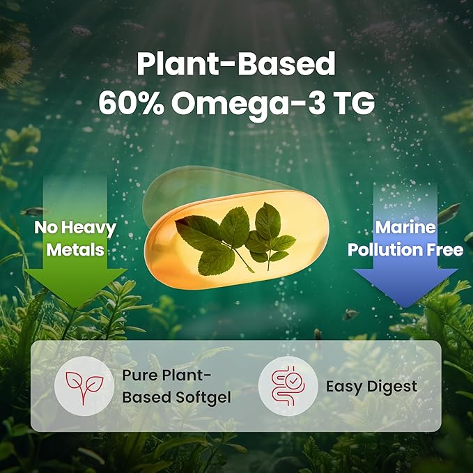NTG Omega 3 Plus Vitamins – Vegan Algal Oil with Vitamin D3 &amp E High Purity TG DHA EPA Heart Brain Eye Bone Health Support Solvent-Free Water Extraction (30 Softgels x 1020mg)