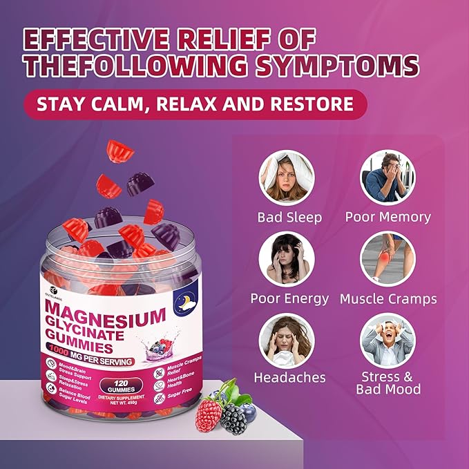 120 CT Magnesium Glycinate Gummies 1000 mg for Women and Men Magnesium Malate &amp Taurate Supplements for Sleep Body Support and Relaxation Sugar Free Vegan Raspberry BlackBerry Blueberry Flavo