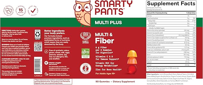 SmartyPants Fiber Supplement &amp Multivitamin for Men &amp Women Prebiotic Fiber Gummies with Omega 3 (DHA/EPA) Vitamin D3 C Vitamin B12 B6 A K &amp Zinc 90 Count (30 Day Supply)
