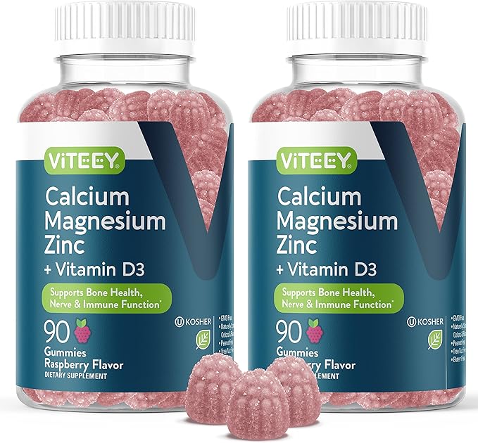 Viteey Calcium Magnesium Zinc Gummies with Vitamin D3 - Supports Bone Health Nerve &amp Immune Function - Calcium Magnesium Zinc D3 for Adults &amp Teens - GMO Free - Chewable Raspberry Flavored Gu