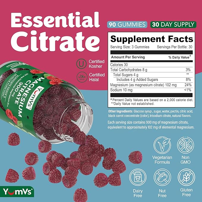 YUM-V'S Magnesium Citrate Gummies – 900mg Highly Absorbable Magnesium Gummies for Women &amp Men to Support Nerve Muscle &amp Enzyme Function – Gluten-Free Kosher &amp Raspberry Flavor 90 Count (