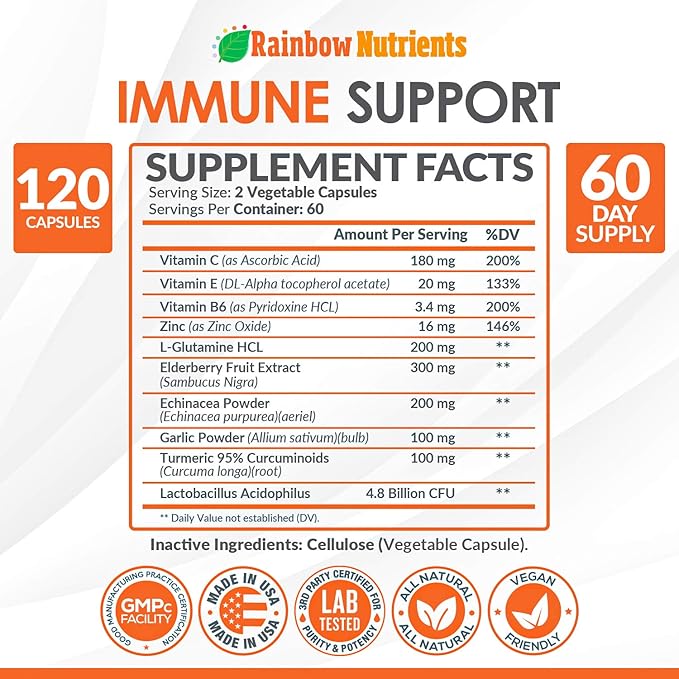 10 in 1 Immune Support Supplement (No Fillers) | Vitamin C Zinc Elderberry Echinacea Turmeric Probiotics |Immunity Booster for Multi-System Immune Defense Respiratory &amp Gut health |60 Day Su