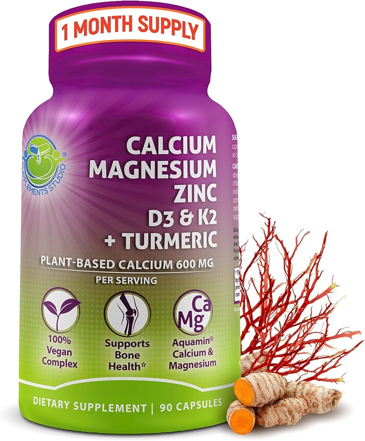 Plant-Based Calcium 600mg (Aquamin) – Vegan Calcium Magnesium Zinc D3 with Vitamin K2 &amp Organic Turmeric – Enhanced Bone and Muscle Health &amp Strength Immune Support for Women &amp Men - 90 C