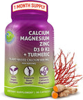 Plant-Based Calcium 600mg (Aquamin) – Vegan Calcium Magnesium Zinc D3 with Vitamin K2 &amp Organic Turmeric – Enhanced Bone and Muscle Health &amp Strength Immune Support for Women &amp Men - 90 C