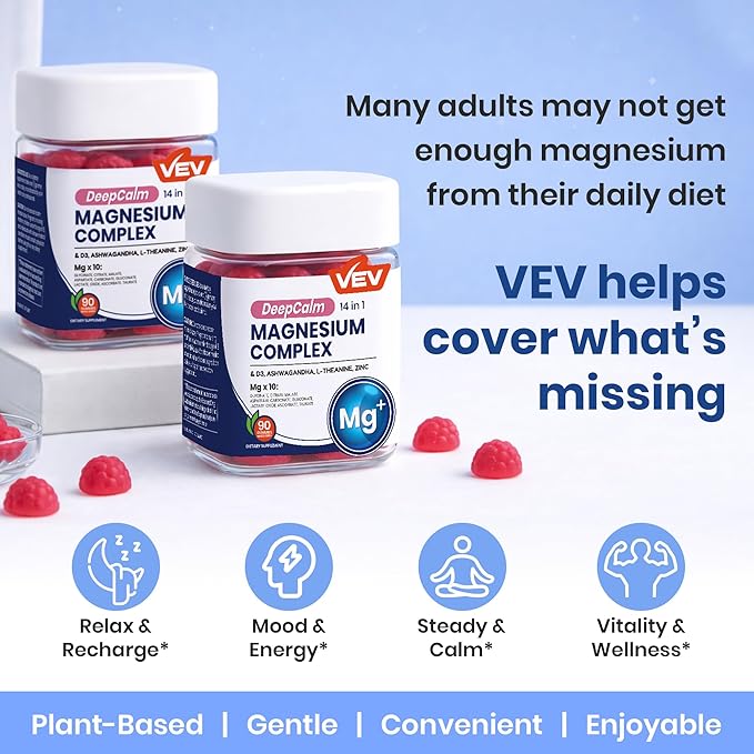 VEV Deep Calm Magnesium Complex 14-in-1 Gummies–90 Count (Pack of 2) – with D3 Ashwagandha L-theanine Zinc – Magnesium Complex for Women and Men – No Added Sugar Vegan Magnesium Glycinate Gummies