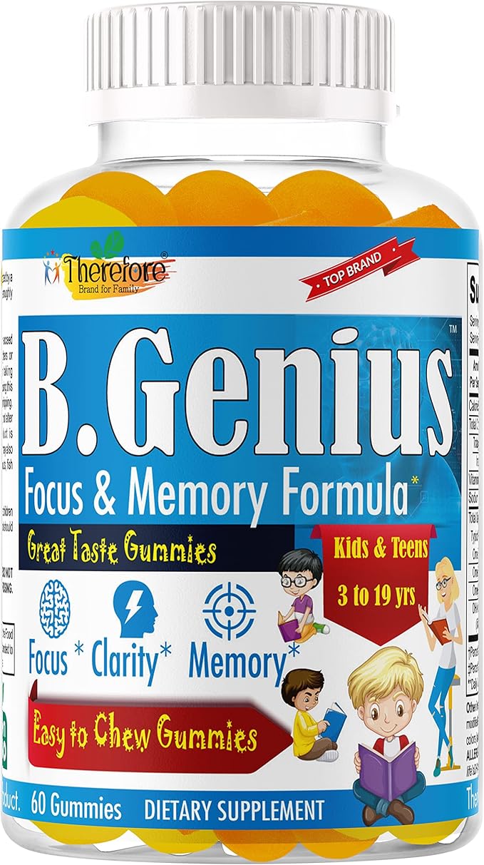 B.Genius Focus Gummies for Kids &amp Teens – Kids Focus and Attention Supplements – Memory &amp Concentration –Plant-Based Focus Supplement for Clarity Learning &amp Cognitive Health-60ct