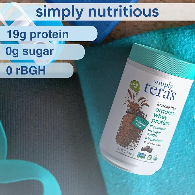 Simply tera's Lactose Free Organic Whey Protein Powder - Lactose Free Dark Chocolate 19g of Protein Per Serving Non-GMO Gluten-Free rBGH-Free Kosher - 12 Oz