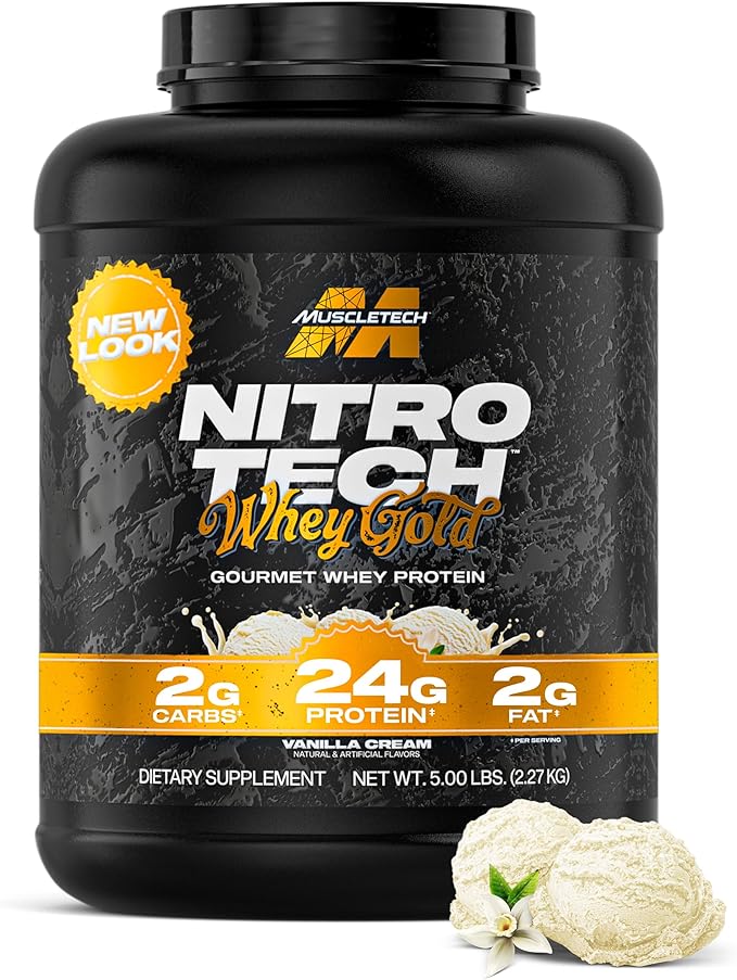 MuscleTech Whey Protein Powder (Vanilla Cream 5LB) - Nitro-Tech Whey Protein Isolate Smoothie Mix for Lean Muscle &amp Recovery - 24g of Whey Gold for Women &amp Men - Packaging May Vary