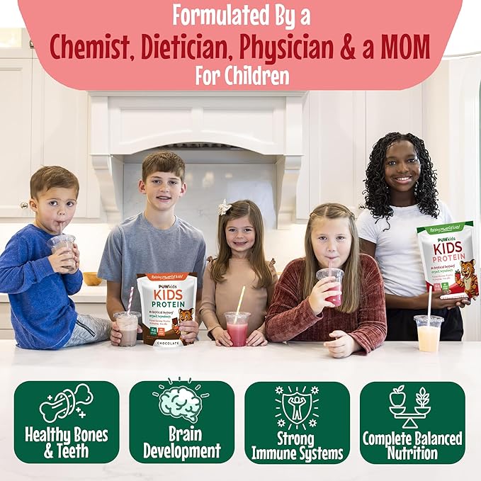 Kids Protein Shake Powder 16g – No Added Sugar Organic Ingredients Grass-Fed Whey Proteins – Calcium &amp Choline for Bone Strength &amp Brain Development Protein Shake – Strawberry