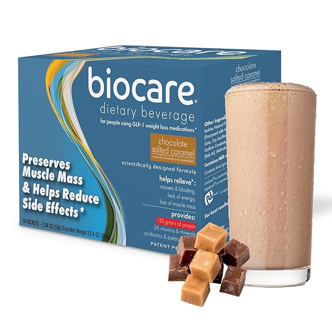Biocare Nutritional Beverage for GLP-1 Users Dietary Powder Drink Provides 30 g Essential Protein 26 Vitamins/Minerals Helps Ease Nausea Bloating Constipation Choc Salted Caramel Shake 14ct