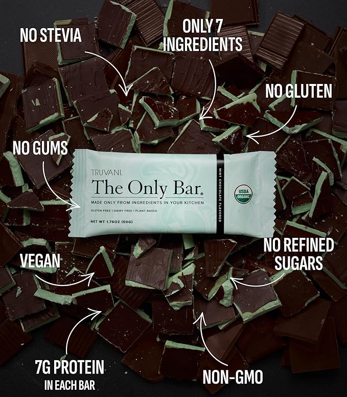 Truvani Plant Based Snack Bars | Chocolate Mint 24 Pack | 7g Protein | USDA Organic and Vegan | The Only Bar | Dairy Soy and Gluten Free | Individually Wrapped