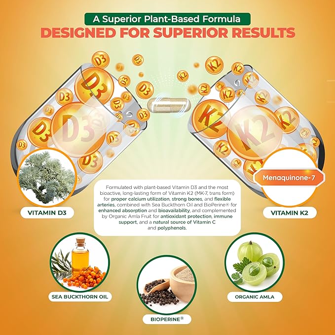 MoxyVites Vitamin D3 K2 5000 IU – High Absorption D3 + K2 MK-7 with Sea Buckthorn Oil &amp Omega-7 – Bone Heart &amp Immune Support for Women &amp Men – 60 Vegan Capsules