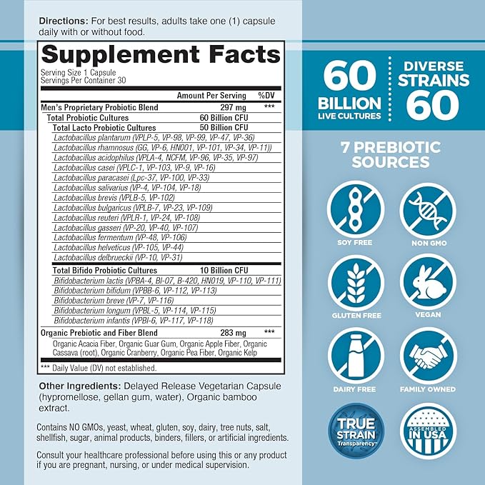 Vital Planet - Vital Flora Men’s Daily Probiotic 60 Billion CFU 60 Diverse Strains 7 Organic Prebiotics Immune Support Gas Relief Colon and Digestive Health Probiotics for Men 30 Capsules