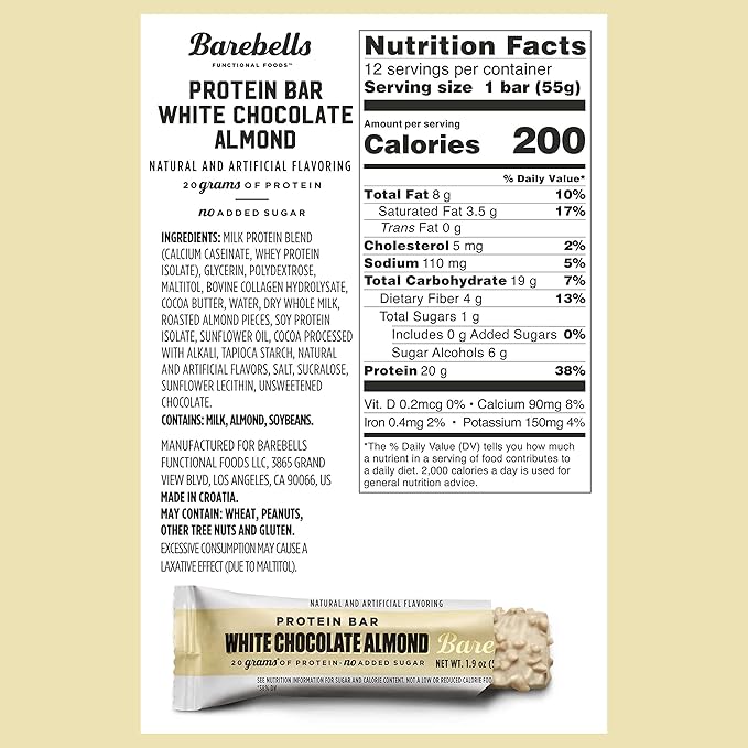 Barebells Protein Bars White Chocolate Almond - 12 Count Pack of 2 - Protein Snacks with 20g of High Protein - Chocolate Protein Bar with 1g of Total Sugars - On The Go Protein Snack &amp Breakfast