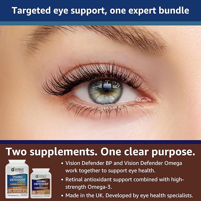 Vision Defender BP and Vision Defender Omega Eye Care Bundle – Eye Supplements to Support Eye Health with Bilberry Pine Bark Omega-3 Fish Oil (EPA DHA) Vitamin E. Made in UK by Eye Specialists
