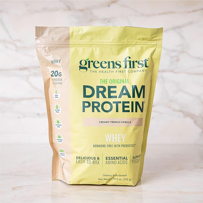 Greens First Dream Protein Powder Whey - 20g Protein Per Serving - Hormone-Free with Prebiotics - Non-GMO - No Artificial Sweeteners/MSG/Aspartame (Creamy French Vanilla 26.5 oz)