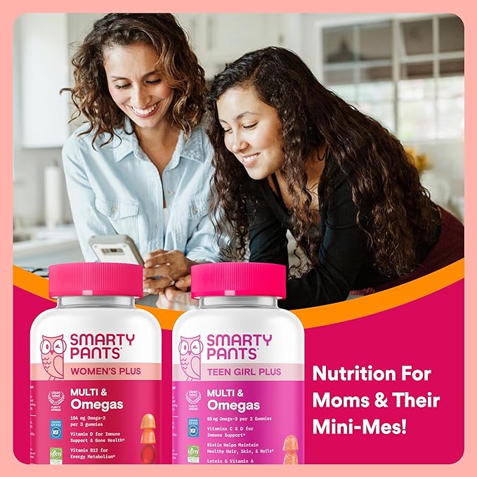 SmartyPants Mother &amp Daughter Daily Nutrition Bundle: Women’s + Teen Girl Multivitamin Gummies with Omega-3 Biotin Vitamins D3 B12 A &amp Zinc Gluten Free Non-GMO 90 &amp 60 Count (Pack of
