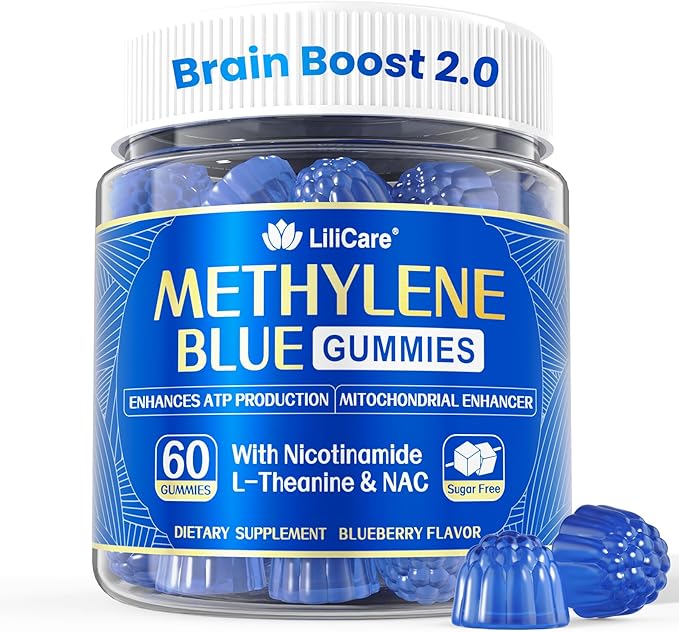 Methylene Blue Gummies 7mg Per Serving for Humans | Upgraded Antioxidant &amp Brain Booster Supplement for Cognitive Function Energy Cellular &amp Mitochondrial Health | Pure Vegan 60 Counts