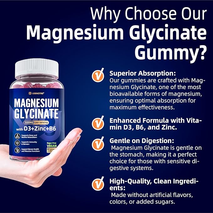 Magnesium Glycinate 500mg/250mg for Adults Teens - Plus D3B6 &amp Zinc - Magnesium Glycinate GummiesHigh Absorption - Support for RelaxationBrainBone &amp Immunity Health - Sugar Free - 120Cts