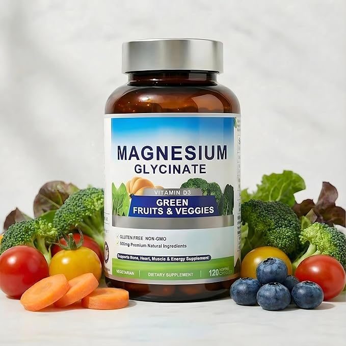 Magnesium Glycinate 500mg with Vitamin D3 &amp a Green Vegetables Mix | High Absorption Gentle on Stomach | Supports Muscle &amp Bone Function | 120 Vegan Capsules with Organic Rice Extract