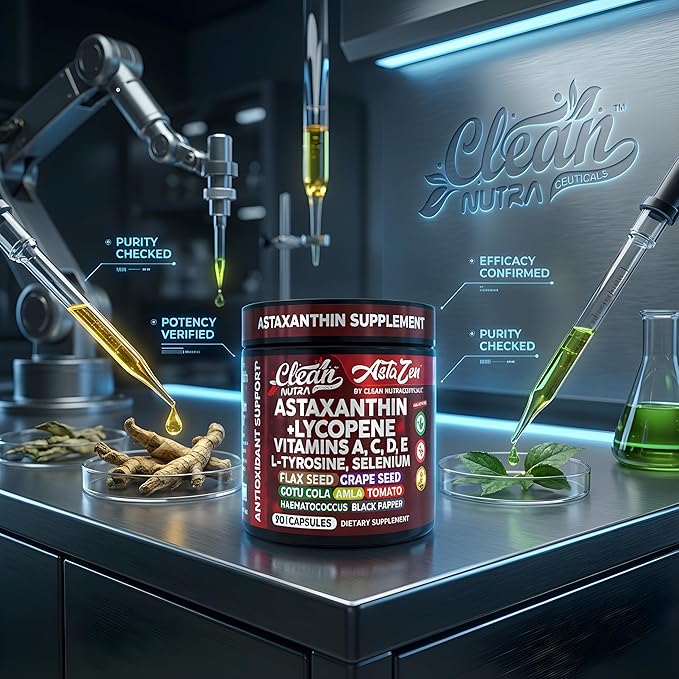 Clean Nutra Astaxanthin 12mg Lycopene Supplement with Vitamin A C D3 E L-Tyrosine Selenium Flax Grape Seed Gotu Kola Amla Black Pepper 90 Complex Veggie Capsules