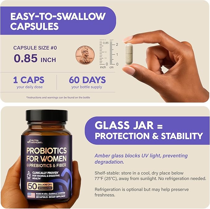 Probiotics for Women 50 Billion CFU - Vaginal Probiotics Clinically Proven for Yeast &amp pH Balance - Digestion &amp Bloating Relief - 8 Strains + Prebiotics - Delay Release - Made in USA 60 Capsu