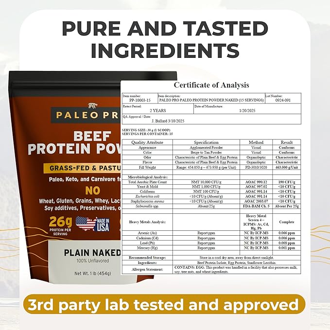 PaleoPro Protein Powder Grass-Fed Pastured Cage-Free Protein | Gluten &amp Dairy Free. No Sugar Soy Grains or Net Carbs | Paleo &amp Keto Friendly - 15 Servings (16 oz Plain)