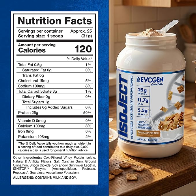 Evogen Isoject - Whey Protein Isolate | Ultra-Pure Whey Protein Powder with Ignitor Enzymes BCAAs and EAAs | Enhanced Absorption &amp Recovery | Cinnamon Crunch | 25 Servings