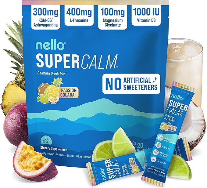 Nello Supercalm Powdered Drink Mix Cortisol Reducer* and Sleep Aid Supplement L Theanine Ksm-66 Ashwagandha Magnesium Glycinate Vitamin D 3 No Sugar Non GMO On The Go 20 Ct Passion Colada