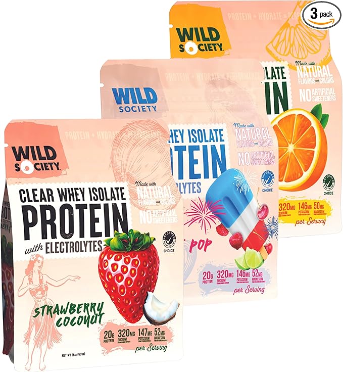 WILD SOCIETY - Top Flavor Multipack - Clear Whey Protein + Electrolytes - Refreshing Whey Protein Isolate Powder - 20g Protein 0 Added Sugar GMO-Free Natural Flavors &amp Colors