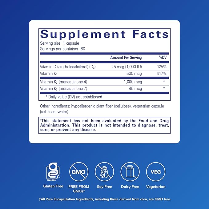 Pure Encapsulations Synergy K - with Vitamin K1 K2 &amp D3 - Supports Bones Blood Vessels Vascular Elasticity &amp Calcium Utilization* - Includes Cholecalciferol - Gluten Free &amp Non-GMO - 60