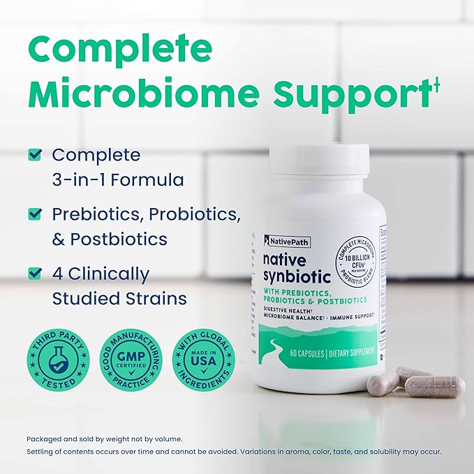 NativePath Complete Synbiotic - Pre Pro &amp Postbiotic 3-in-1 for Gut Health &amp Digestive Support - 10 Billion CFU 30 Servings