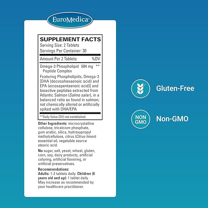 EuroMedica EurOmega-3 - Dietary Supplement with EPA &amp DHA - Omega-3 Tablets for Brain &amp Heart Health Support - Nutritional Supplement with Essential Fatty Acids &amp Peptides - 60 Tablets