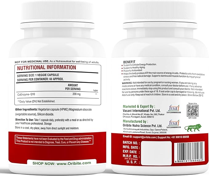CoQ10 200mg 60 Veggie Capsules | Coenzyme Q10 Supplement for Cellular Energy &amp Heart Support | Antioxidant Support Formula | Ubiquinone Dietary Supplement