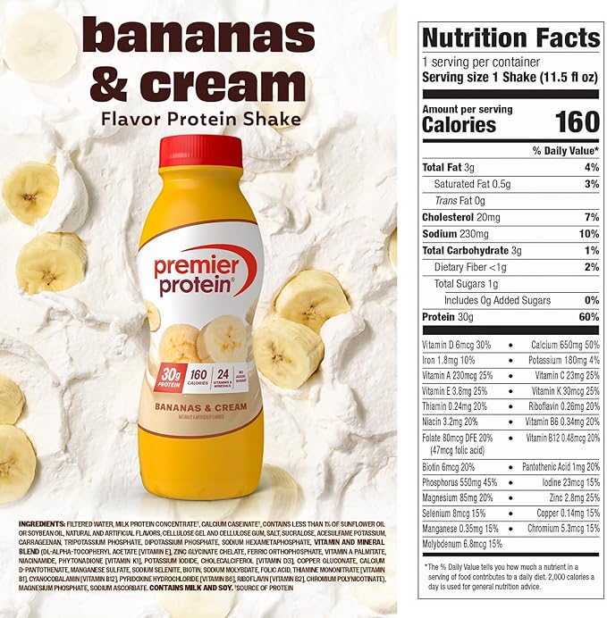 Premier Protein Shake Bananas &amp Cream 30g Protein No Added Sugar 24 Vitamins &amp Minerals to Support Immune Health 11.5 fl oz 12 Pack