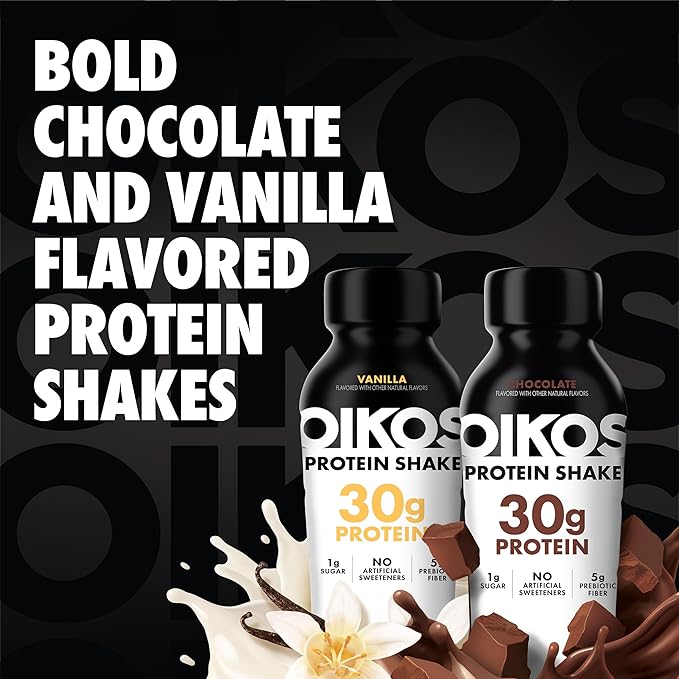 Oikos Protein Shake Exclusive Variety Pack 30g High Protein Drinks Shelf Stable Ready to Drink 5g Prebiotic Fiber 12 fl oz Bottle (8 ct Chocolate 4 ct Vanilla)