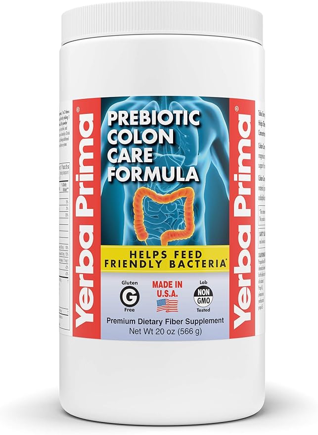 Yerba Prima Prebiotic Colon Care Formula 20 oz Powder with FOS - Natural Psyllium Fiber Magnesium Selenium - Non-GMO Gluten Free Vegan Daily Supplement - for Men &amp Women