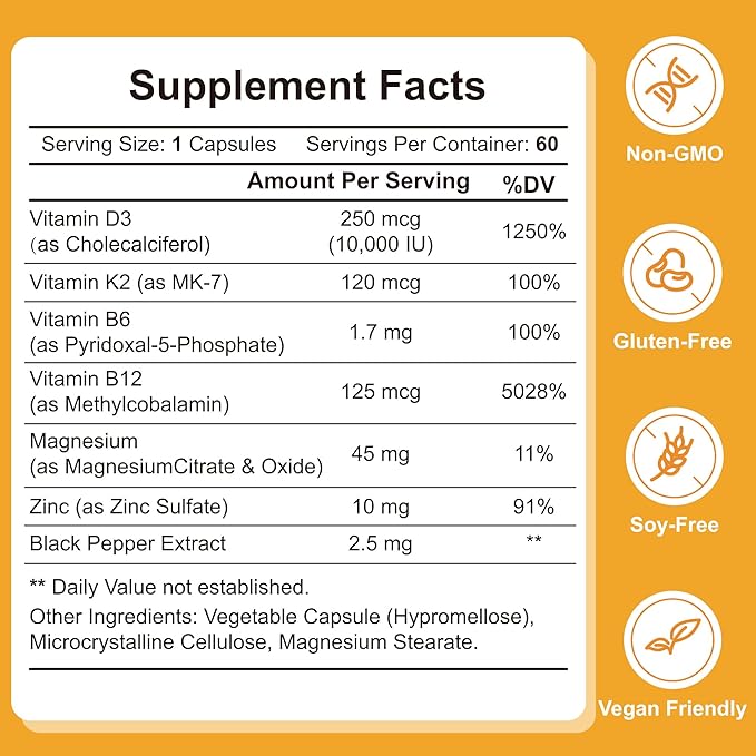 VAOACTI Vitamin D3 K2 Supplement 10000 IU D3 &amp 120 mcg MK-7 Bone Strength &amp Immune Support with B6 B12 Magnesium &amp Zinc Enhanced Absorption with Black Pepper 60 Capsules