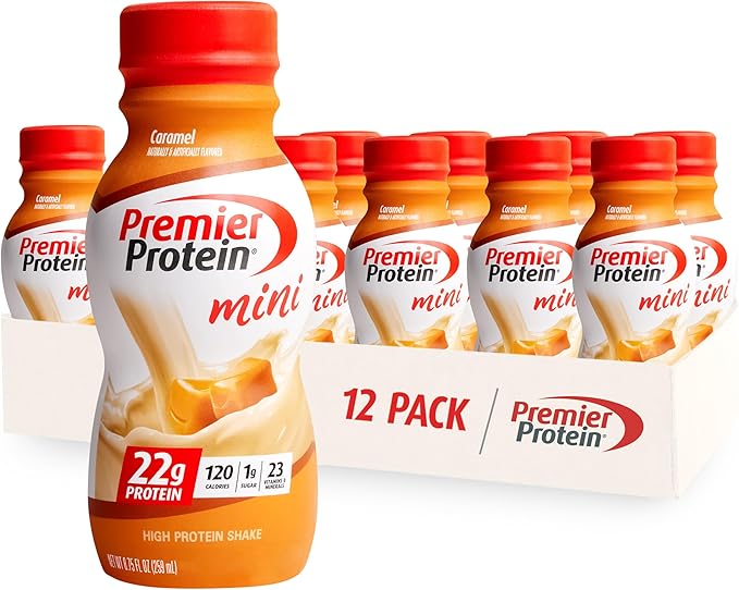 Premier Protein Shake MINIs Caramel 22g Protein 120 Calorie Pack of 12 &amp Protein Shake 8 Flavor Variety Pack 30g Protein 24 Vitamins &amp Minerals