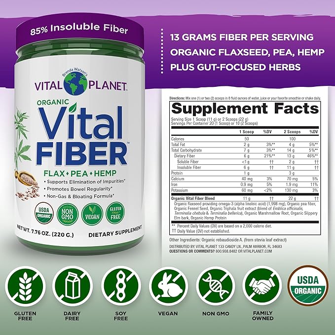 Vital Planet - Vital Fiber Powder Soluble and Insoluble Fiber Supplement with Flax Pea and Hemp Organic Daily Dietary Supplement Supports Gut Digestive Regularity 7.76 oz