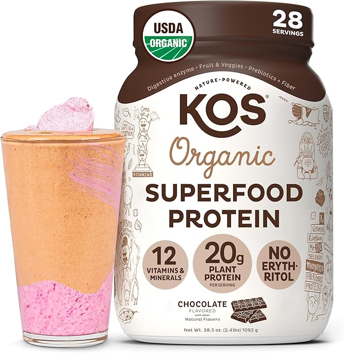 KOS Vegan Protein Powder Erythritol Free Chocolate - Organic Pea Protein Blend Plant Based Superfood Rich in Vitamins &amp Minerals - Keto Dairy Free - Meal Replacement for Women &amp Men 28 Ser