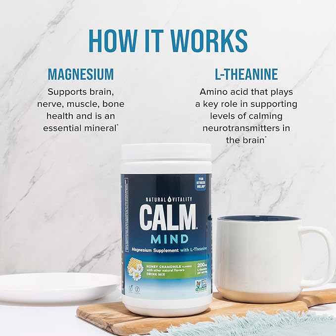 Natural Vitality Calm Mind Magnesium Citrate + L-Theanine Powder Supports a Healthy Response to Stress Gluten Free &amp Vegetarian Honey Chamomile 12 oz.