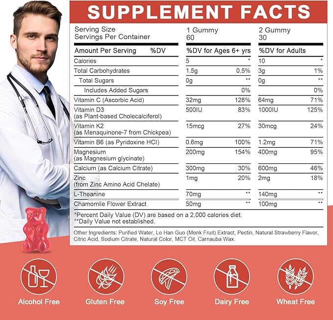 Magnesium Glycinate Gummies for Kids &amp Adults - Relaxation &amp Cognition Support - 400/200mg Magnesium Supplement with L-Theanine B6 D3 &amp K2 - Vegan Sugar Free Strawberry Flavor 60 Ct (