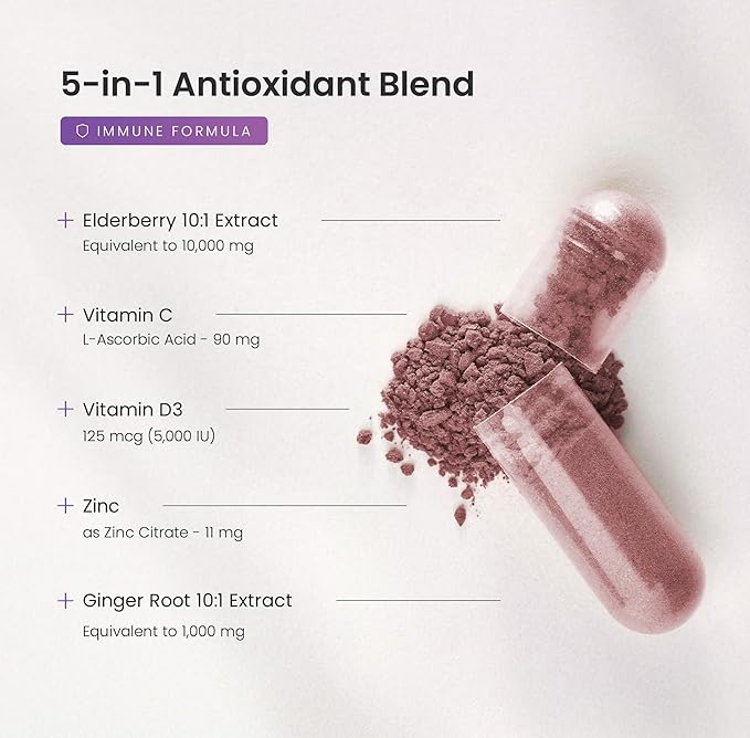 Elderberry with Vitamin C and Zinc - 5 in 1 - Immunity Support Supplement 10000mg Sambucus Black Elderberry Capsules with Vitamin D3 5000 IU Sambucus Elderberry Extract - Immune Booster for Adults