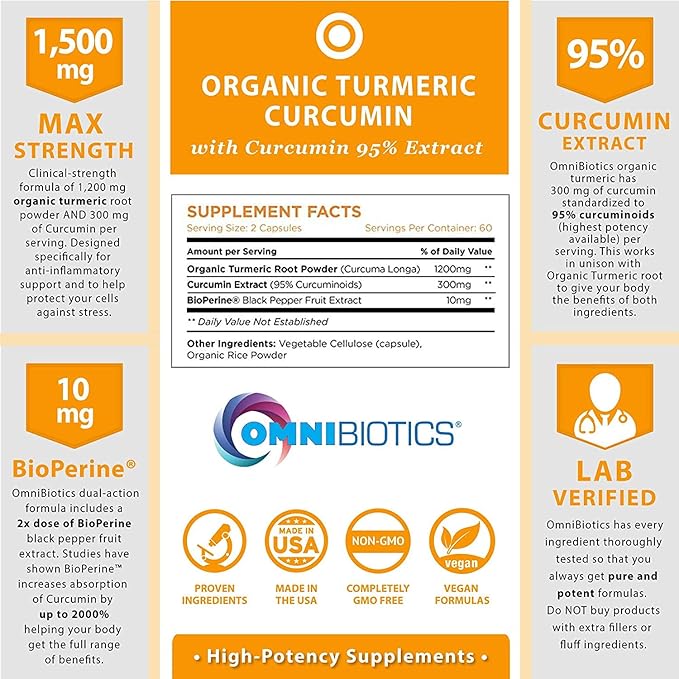 OmniBiotics Organic Turmeric Curcumin Supplement with Black Pepper Extract – 1500mg Turmeric with 95% Curcuminoids &amp BioPerine High Absorption for Joint Support – 120 Vegan Capsules