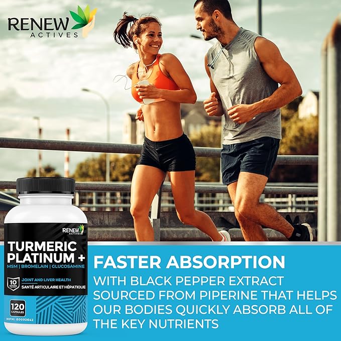 Renew Actives Turmeric Platinum 1350MG per 3 Capsules with Black Pepper &amp Ginger – Antioxidant Liver &amp Digestive Support – Reduces Inflammation &amp Boosts Immunity – Made in Canada – 120 Ca