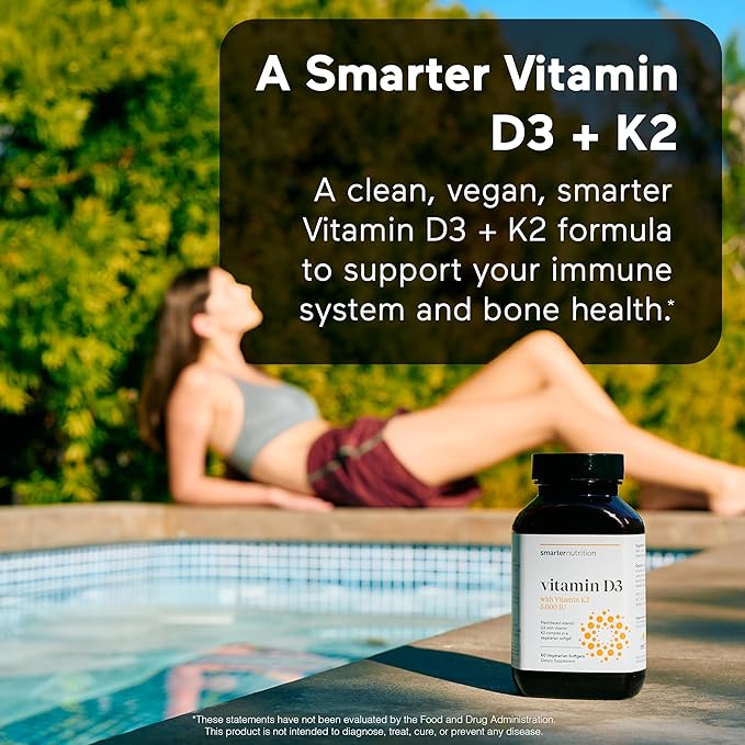 SMARTERNUTRITION Vegan Vitamin D3 5000 IU + Natural Vitamin K2 1100 mcg in Organic Coconut &amp Olive Oil - D3 K2 Supplement for Immune &amp Bone Support - 360 Softgels[180 Day Supply]