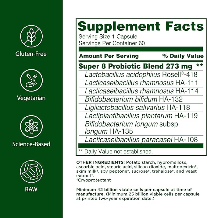 Flora - Super 8 Hi-Potency Probiotic - Daily Probiotic for Gut &amp Digestive Health - 42 Billion CFU - Contains Lactobacillus &amp Bifidobacterium Strains - Keep Chilled - 60 Capsules