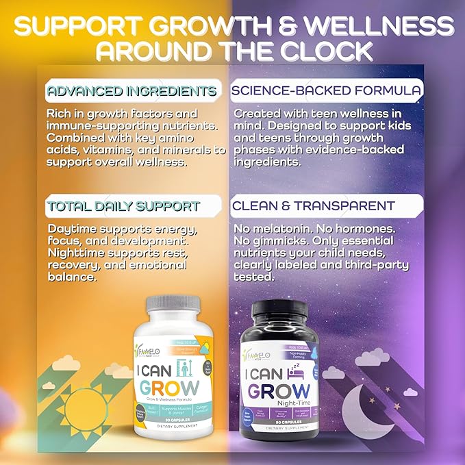 I Can Grow Day-Time for Kids 10+ &amp Teens | Growth &amp Development Support with L-Arginine Colostrum Calcium D3 Magnesium Zinc | Bone Strength Focus | 90 Capsules